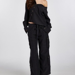 Women's Sets High Waist One Shoulder Asymmetric Button up Top Cargo <b>Pants</b> Design Two Piece Set - Product Image 1