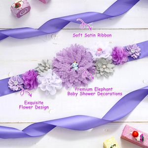 Kit de faja de maternidad para baby shower con diseño de elefante morado y gris, cinturón para el vientre con diseño floral para baby shower y broches de corsage para futuras mamás y futuros papás - Product Image 6