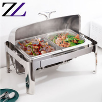 Ensemble de présentoirs de buffet de luxe à couvercle roulant pour traiteur, service de restauration et événements, avec quatre chauffe-plats électriques à combustible liquide, forme oblongue, économique