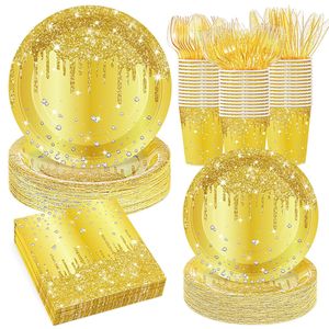 Gold Glitter Paper <b>Plates</b> Napkins Cups <b>Disposable</b> Party Supplies Wedding Birthday Anniversary Decorations - Product Image 1