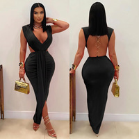 Robe longue d'été sexy pour femme, style européen et américain, couleur unie, décolleté plongeant, dos nu, collection 2026 Q26DS038, vente en gros pour boutiques