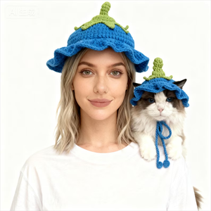 Chapeau bob tricoté main bleu fraise, bonnet de pêcheur au crochet, chapeau en acrylique chaud et mignon pour femme - Product Image 2