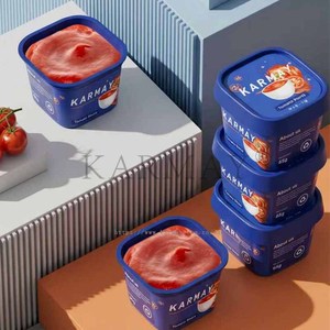 Envase cuadrado de salsa de tomate KARM de PP con tapa de 65g, logo impreso digitalmente, embalaje azul, vasos de plástico IML, vasos de PP reciclables - Product Image 4