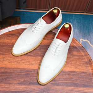 Chaussures Richelieu blanches pour hommes à bout pointu en cuir véritable à lacets pour mariage toutes saisons motif uni - Product Image 3