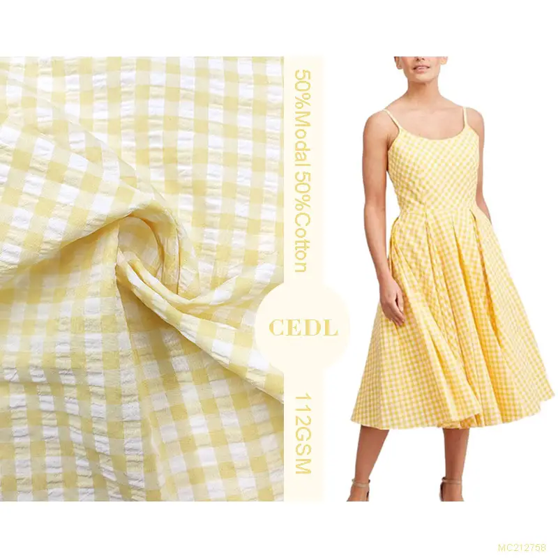 수락 도매 및 맞춤형 모달 면사 드레스와 스커트를위한 염색 체크 시어서커 원단