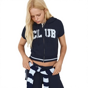 Women's Navy Blue Hooded Crop <b>Top</b> Short Sleeve Letter Print Knitted Cotton <b>Preppy</b> Style Spring Wear - Product Image 1