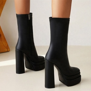 2021 Popular Double Layers Platform Shoes Ankle <b>Boots</b> Stone Print Handmade Women's Short Black Leather Big Size 43 - Product Image 6