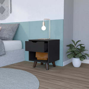Modern Nightstand 19H Black Drawer <b>Open</b> Shelf Wooden Legs Bedroom <b>Storage</b> - Product Image 2
