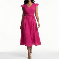 Robe d'été 2025 élégante à col en V et manches à volants, grande taille, taille ajourée ajustée, longueur genou, décontractée unie pour XL