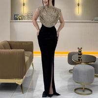 Robe longue élégante à taille haute pour femme, nouvelle année 2025, mode féminine, sans manches, drapée, fendue, décontractée, col rond, sequins, robe de soirée