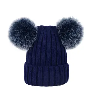 2 pompoms Unisex women and men Knitted Cap Winter artificial Faux Fox Fur Hat Girls Pom Beanie Hats