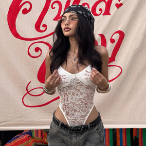 Custom Logo <b>White</b> Skinny Floral Knitting <b>Fabric</b> Shorts with Letter Print Sexy <b>Lace</b> See-Through Design Shaping Sleeveless - Product Image 4