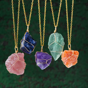 Colgante de piedra en bruto de cristal natural al por mayor, colgante de malla de alambre dorado, accesorio de joyería para regalos - Product Image 1