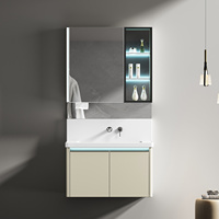 Ensemble de meuble-lavabo moderne en contreplaqué blanc crème imperméable avec vasque en céramique, miroir intelligent et armoire murale pour hôtel, villa, appartement