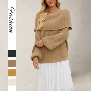 Pull en tricot à épaules dénudées pour femme, manches longues, coupe ample, couleur unie, anti-boulochage, vêtements d'hiver - Product Image 5