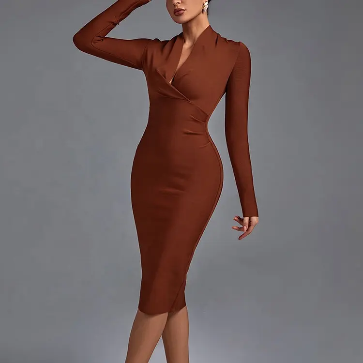 Long Sleeve tight midi dress Formal clothing Women elegant High Quality V Neck Bandage Dress Office Ladies Casual Dresses