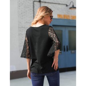 Blusa holgada de punto con encaje elegante para mujer, manga 3/4, color negro, talla S, para uso diario - Product Image 2