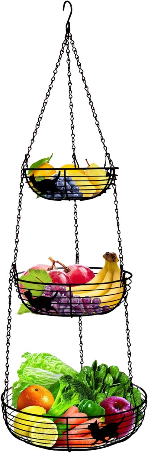 Corbeille à Fruits à 3 Niveaux Pour Cuisine, Organiseur De Rangement De Cuisine à Suspendre, Design Amovible En Fil Chromé Avec Crochet De Plafond En Métal, Organiseur De Comptoir Multifonction Pour
