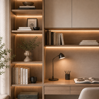 Armoires de bureau avec panneaux en chêne clair, rangements blanc chaud et bureau intégré avec étagères