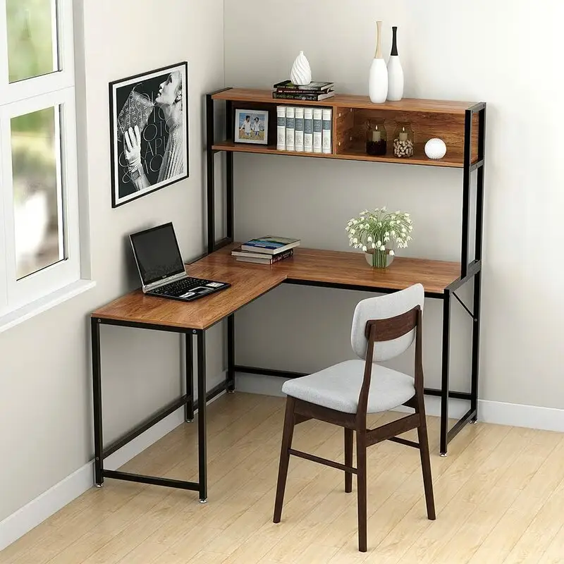 Living Room Furniture L-Shaped Metal Frame Wooden Writing Office Desks Study Table Home Corner Computer Table With Shelves