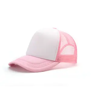 5-panel-Schwamm-Sportmützen Gorras atmungsaktive Netzkappe rosa mit weißer Farbe einstellbarer einfarbiger Trucker-Mütze für Outdoor