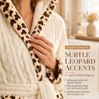 Peignoir long en flanelle douce à capuche pour femme, imprimé léopard crème, 240g, en polyester, respirant et thermique, idéal pour la détente et la vente en gros