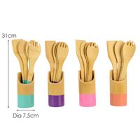 Ensemble d'ustensiles de cuisine en bois de bambou naturel artisanal avec spatule et cuillère à manche coloré, cadeaux promotionnels avec design suspendu