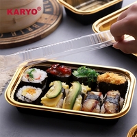KARYO 807 Vente en gros Boîte de repas américaine personnalisée à emporter en plastique Boîte d'emballage de sushi jetable imprimée en or avec couvercle anti-buée