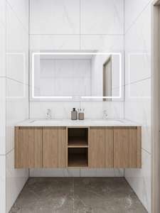 Meuble de salle de bain moderne en contreplaqué avec miroir LED, lavabo en céramique, résistant à l'eau - Product Image 6