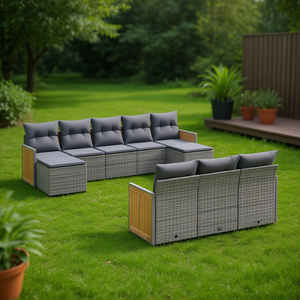 Ensemble de canapés de jardin en rotin gris 6 places, mobilier d'extérieur résistant aux intempéries, design contemporain, structure en teck - Product Image 2