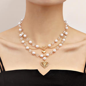 Jewelry Niche Design Double Layer High Gloss Imitation <b>Pearl</b> Tassel Heart Butterfly Cross <b>Necklace</b> for Women Versatile - Product Image 3