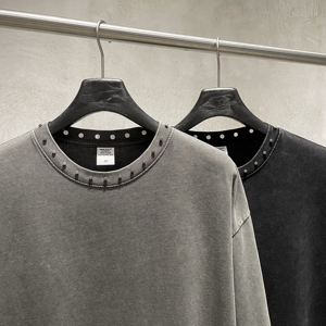 Kaos Oversize <span class=keywords><strong>Vintage</strong></span> Wash 285gms Katun Murni Kerah Dicuci Model Drop Shoulder Berdetail Rivet Lengan Pendek - Product Image 2