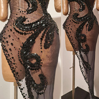 Robe de soirée asymétrique noire à sequins et strass, asymétrique à une épaule, col montant, en maille transparente, avec fente haute et drapé, pour concours de beauté et scène