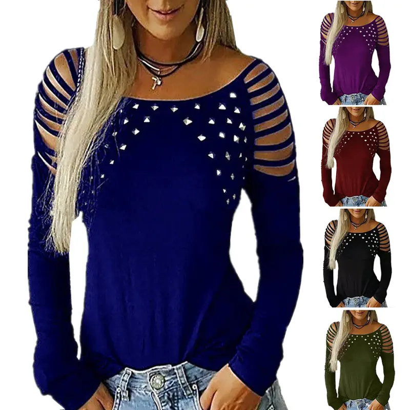 Women T-shirt Fashion Ladies Long Sleeve Hollow Out Rivet Top Female Solid Color Tees T Shirt For Women