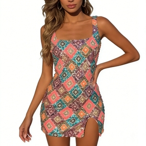 Mini-robe à sequins pour femme - Robe de soirée à col carré et fente latérale - Mode - Product Image 1