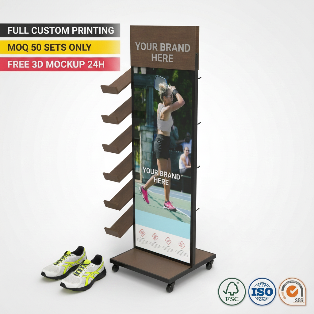 Custom Wooden Shoe Display Rack Stand for Sneakers Sports Shoes Retail Store Floor Display Shelf Clothing Rack — view 1