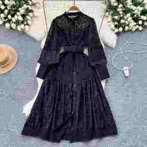 Vestido Midi Informal Tipo Túnica Vintage de Invierno 2024 para Mujer, con Mangas Farol, Bordado, Encaje, Color Negro y Blanco - Product Image 3