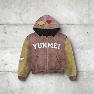 Felpa con Zip Yunmei per Uomo, Produzione Personalizzata con Ricamo, Colori a Blocchi, Effetto Lavaggio Acido, Strappata e Invecchiata, Felpa Pesante - Product Image 6