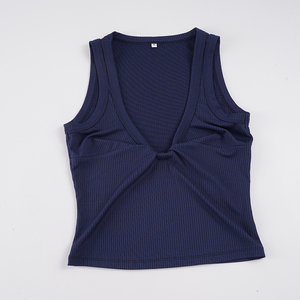 Top sin mangas de punto acanalado elástico con nudo trenzado azul oscuro estilo bustier minimalista, top casual favorecedor para chica moderna - Product Image 6