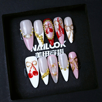 Lot de 10 faux ongles 3D de luxe faits à la main, forme stiletto, motif cerise douce, couverture complète, pré-conçus, pour vente en gros