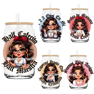 Chicana Leraar Chibi Latina Maestra Uv Dtf Draagt Stickers Stickers Voor Libbey Cold Cups Mokken Tuimelaar Waterdicht Diy Ambacht