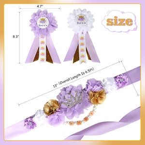 Kit de ceinture de maternité Princesse pour baby shower, violet et or, avec épingles de corsage pour future maman et future papa - Product Image 2