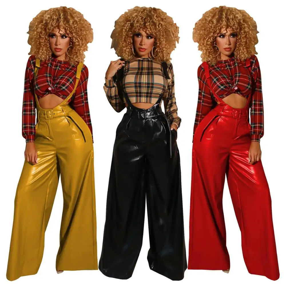 Schwarz braune Frau Pu Kunstleder Schärpen Boot Cut Bottoms Herbst taschen Jogging hose Hohe Taille Loose Wide Leg Frauen Bottoms