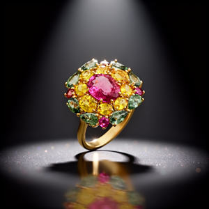Bague cocktail en or jaune 18 carats avec tourmaline rose et saphirs multicolores, best-seller. Sublimez votre style avec cette bague multioxydes vibrante. - Product Image 1