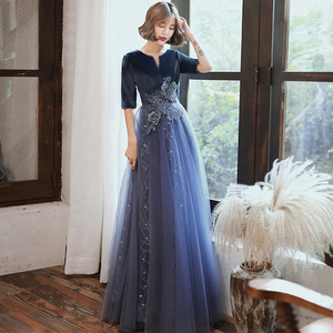 Women's Evening Gown Navy Blue V Neck Long Velvet Dress With Floral Embroidery For Banquets And Performances - Product Image 1