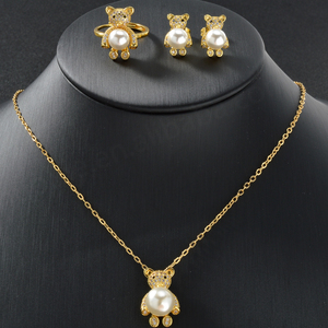 Fashion Wholesale Premium 18k Gold Plated Pearl Zircon <b>Bear</b> Ring Earrings and Pendant Necklace Jewelry Set - Product Image 4