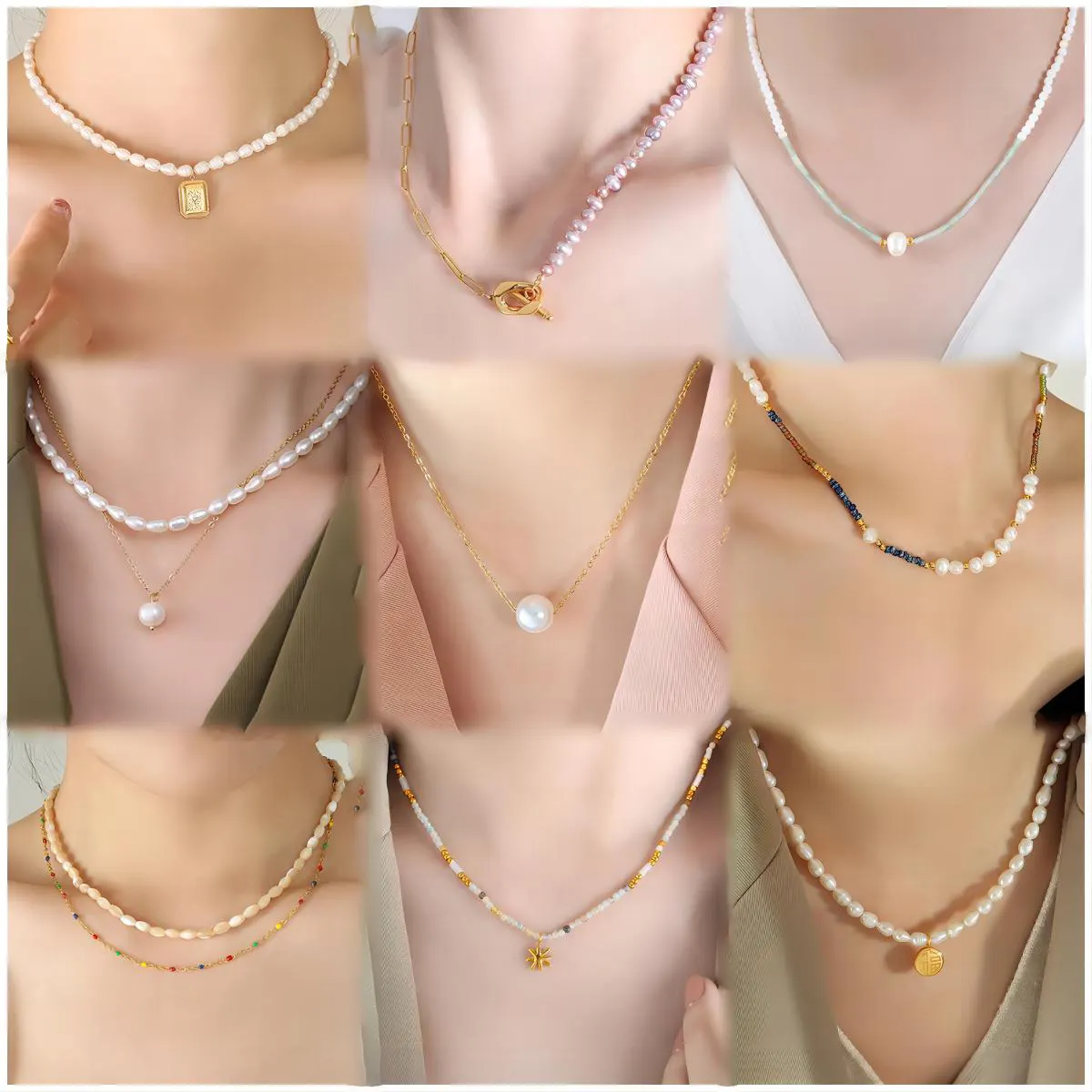 MARONEW Modeschmuck 18K goldplattiert Edelstahl Zirkon-Schale Süßwasserperlen-Emaille Perlen-Panden-Halsband-Set