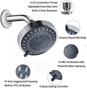 <strong>Shower</strong> <strong>Head</strong> High Pressure Rain Fixed 5-Setting <strong>with</strong> Adjustable Metal <strong>Swivel</strong> Ball <strong>Joint</strong> - Relaxed <strong>Shower</strong> Experience Even - Product Image 4