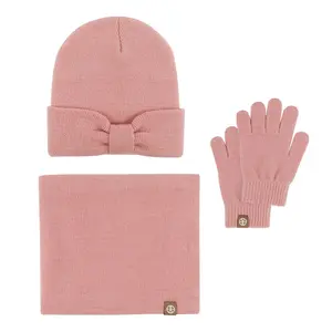 Wholesale Fashion Custom Logo Solid Warm Thermal Winter Beanie Hat Gloves Scarf Neck Set With Bowknot For Kid