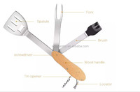 Outil de barbecue multifonction 5 en 1 : Spatule à fentes, Brosse en silicone, Fourchette en acier inoxydable, Ouvre-bouteille, Tire-bouchon